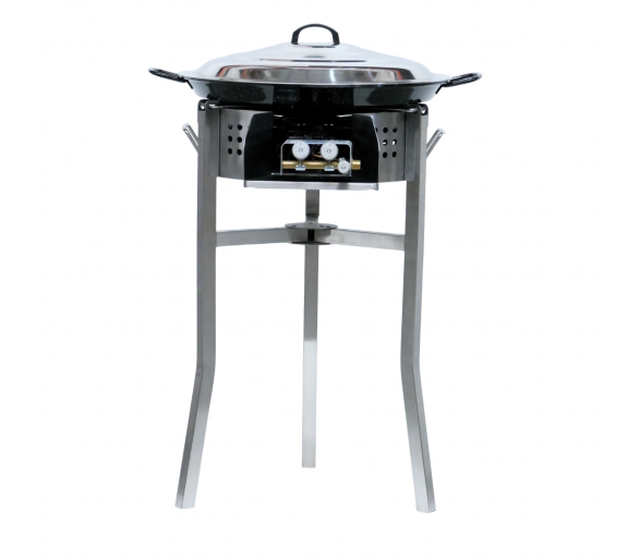 Kit à paella luxe 25 personnes - pare-flamme inox - plat émaillé 65cm et couvercle inox