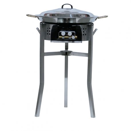 Kit à paella luxe 20 personnes - pare-flamme inox - plat inox 60cm et couvercle inox