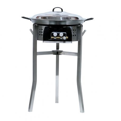 Kit à paella luxe 20 personnes - pare-flamme inox - plat acier 60cm et couvercle inox