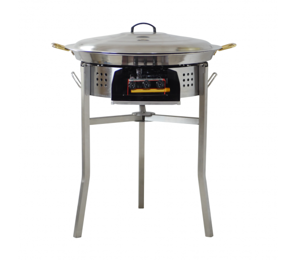 Kit à paella luxe 30 personnes - pare-flamme inox 60cm - plat inox 70cm et couvercle inox