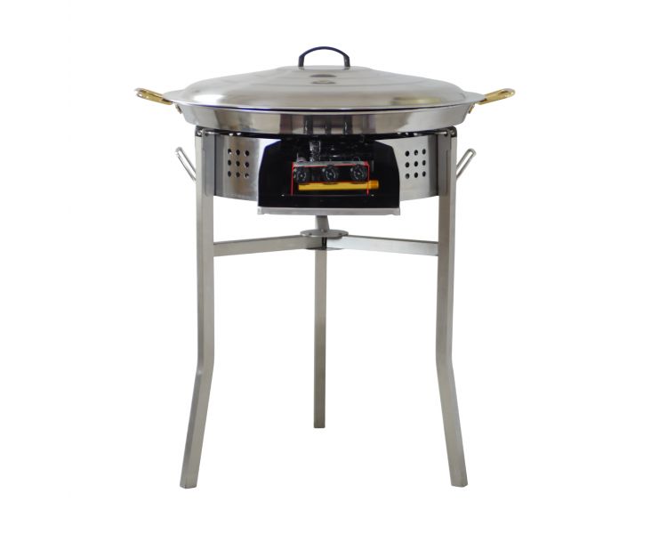 Kit à paella luxe 30 personnes - pare-flamme inox 60cm - plat inox 70cm et couvercle inox