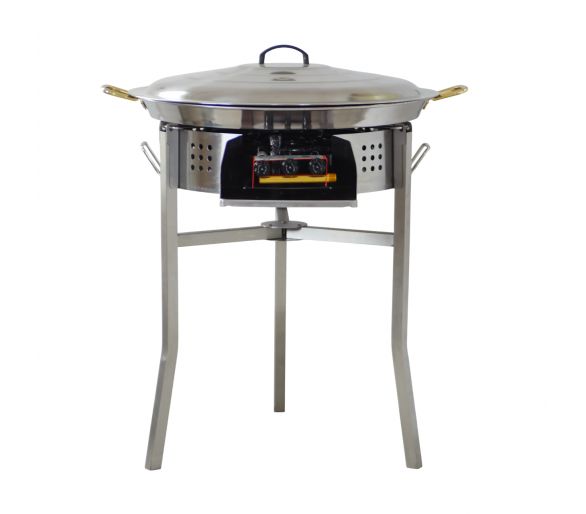 Kit à paella luxe 30 personnes - pare-flamme inox 60cm - plat inox 70cm et couvercle inox