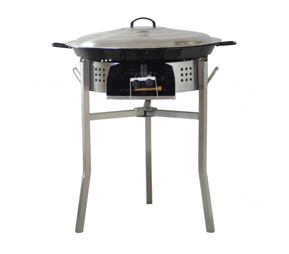 Kit à paella luxe 30 personnes - pare-flammes inox 60cm - plat émaillé 70cm et couvercle inox