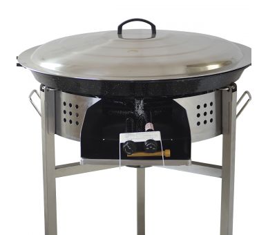 Kit à paella luxe 30 personnes - pare-flammes inox 60cm - plat émaillé 70cm et couvercle inox