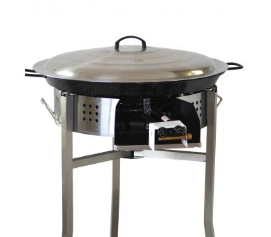 Kit à paella luxe 30 personnes - pare-flammes inox 60cm - plat émaillé 70cm et couvercle inox