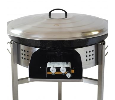 Kit à paella luxe 30 personnes - pare-flammes inox 60cm - plat émaillé 70cm et couvercle inox - Thermocouple