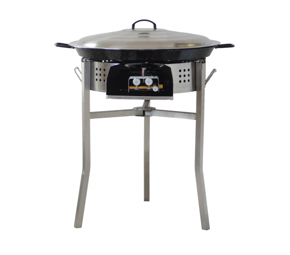 Kit à paella luxe 25 personnes - pare-flammes inox 60cm - plat émaillé 65cm et couvercle inox - Thermocouple