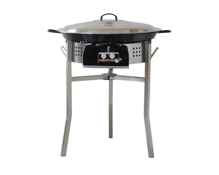 Kit à paella luxe 25 personnes - pare-flammes inox 60cm - plat émaillé 65cm et couvercle inox - Thermocouple