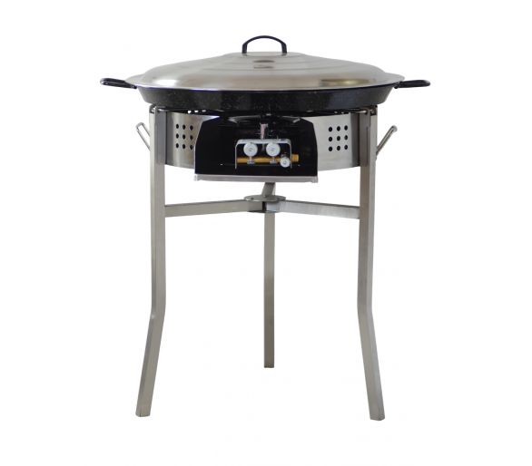 Kit à paella luxe 25 personnes - pare-flammes inox 60cm - plat émaillé 65cm et couvercle inox - Thermocouple