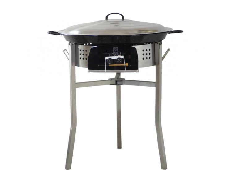 Kit à paella luxe 25 personnes - pare-flammes inox 60cm - plat émaillé 65cm et couvercle inox