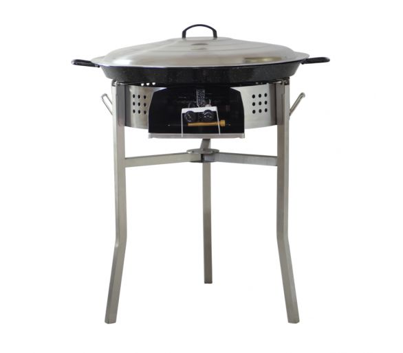 Kit à paella luxe 25 personnes - pare-flammes inox 60cm - plat émaillé 65cm et couvercle inox