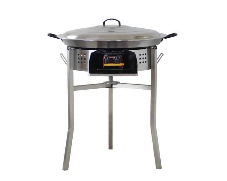 Kit à paella 25 personnes - pare-flammes inox 60cm - plat acier 65cm et couvercle inox