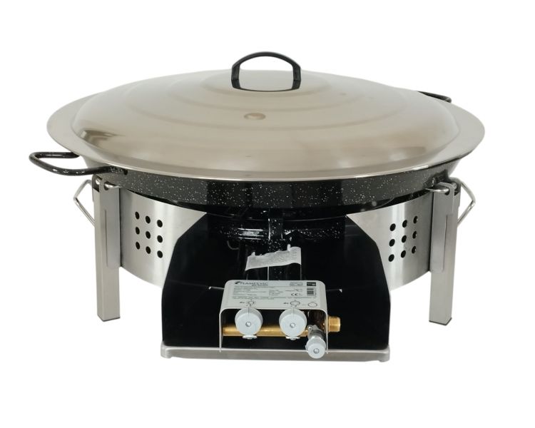 Kit paella 25 personnes pour plan de travail - pare-flammes inox 60cm - plat émaillé 65cm et couvercle inox