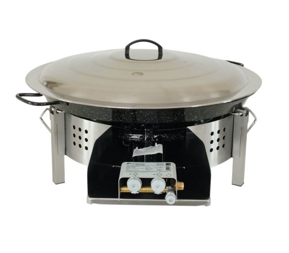 Kit à paella 13 personnes pour plan de travail - pare-flamme inox 45 cm - plat émaillé 50cm et couvercle inox