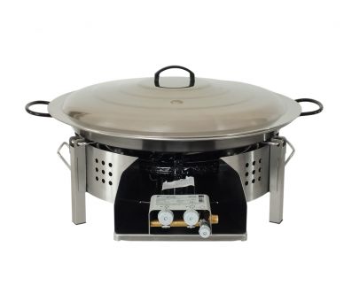 Kit à paella 13 personnes pour plan de travail - pare-flamme inox 45 cm - plat acier 50cm et couvercle inox