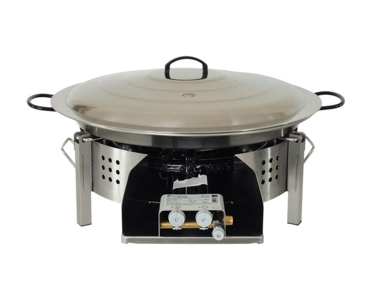 Kit à paella 16 personnes pour plan de travail -Thermocouple - pare-flamme inox 45 cm - plat acier 55cm et couvercle inox