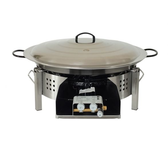 Kit à paella 16 personnes pour plan de travail -Thermocouple - pare-flamme inox 45 cm - plat acier 55cm et couvercle inox