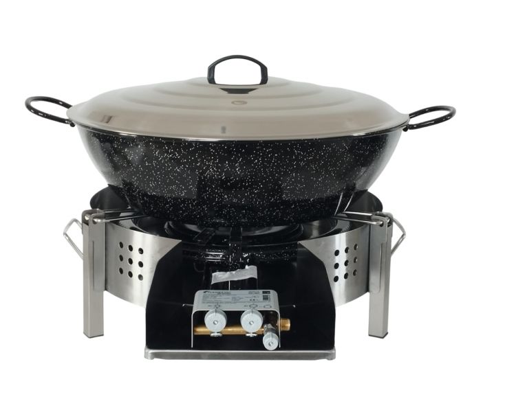 Kit Poêle creuse pour plan de travail - pare flammes 45cm inox - 50 personnes - Plat creux émaillé 60cm - Couvercle - thermocoup