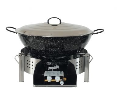 Kit Poêle creuse pour plan de travail - pare flammes 45cm inox - 70 personnes - Plat creux émaillé 65cm - Couvercle