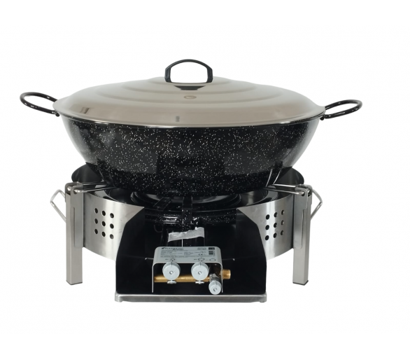 Kit Poêle creuse pour plan de travail - pare flammes 45cm inox - 70 personnes - Plat creux émaillé 65cm - Couvercle