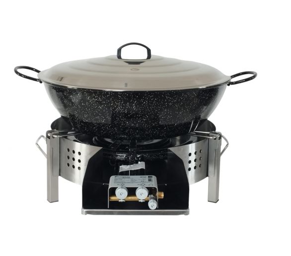 Kit Poêle creuse pour plan de travail - pare flammes 45cm inox - 50 personnes - Plat creux émaillé 60cm - Couvercle