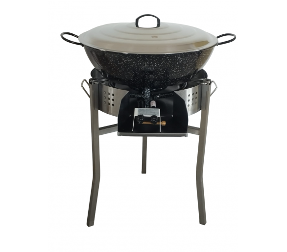 Kit à paella pour 50 personnes - pare-flamme 45 cm - plat creux acier 60cm et couvercle