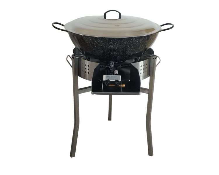 Kit à paella pour 50 personnes - pare-flamme 45 cm - plat creux acier 60cm et couvercle