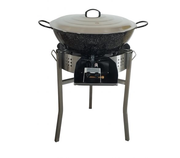 Kit à paella pour 50 personnes - pare-flamme 45 cm - plat creux acier 60cm et couvercle