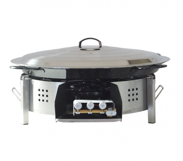 Kit à paella pour plan de travail - 120 personnes pour plan de travail - Maxi pare-flamme inox 100cm - Plat émaillé 115cm - the