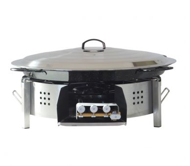 Kit à paella pour plan de travail - 120 personnes - Maxi pare-flamme inox 100cm - Plat émaillé 115cm - veilleuse - thermocouple