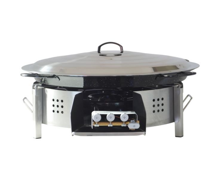 Kit paella pour plan de travail - 50 personnes - Pare-flamme inox 80cm - Plat émaillé 90cm - couvercle inox