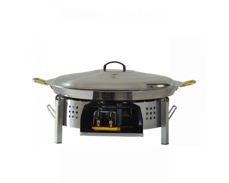 Kit à paella luxe 20 personnes - pare-flamme inox 45 cm - plat acier 60cm et couvercle inox
