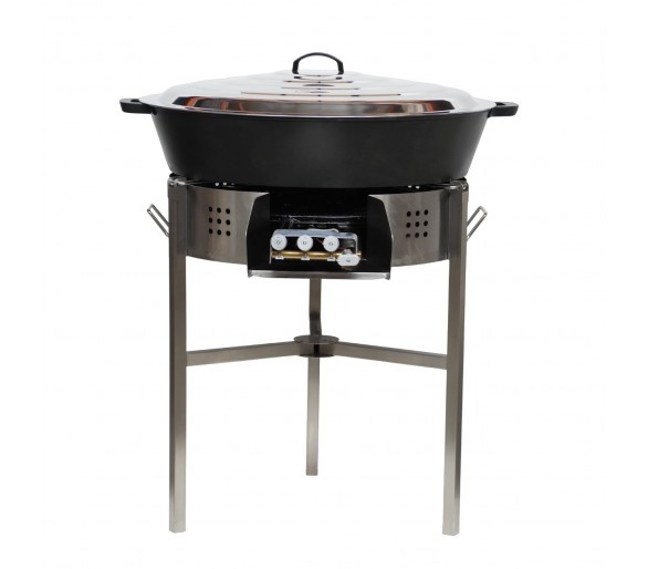 Kit multi-plats - pare flammes 80cm Inox - Plat fonte 80cm - H: 16cm avec séparation - réchaud au choix - couvercle inox