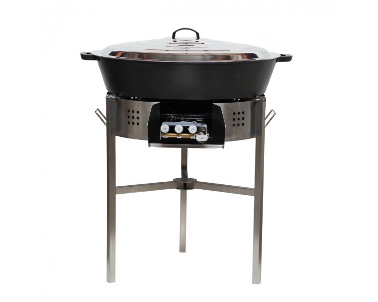 Kit multi-plats - pare flammes 80cm Inox - Plat fonte 80cm - H: 16cm avec séparation - réchaud au choix - couvercle inox