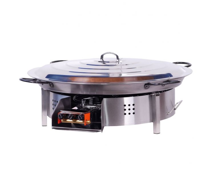 Kit paella pour plan de travail - 50 personnes - Pare-flamme inox 80cm - Plat acier 90 cm- couvercle inox