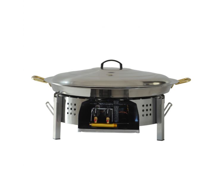 Kit paella pour plan de travail - 50 personnes - Pare-flamme inox 80cm - Plat inox 90cm - veilleuse - thermocouple - couvercle i