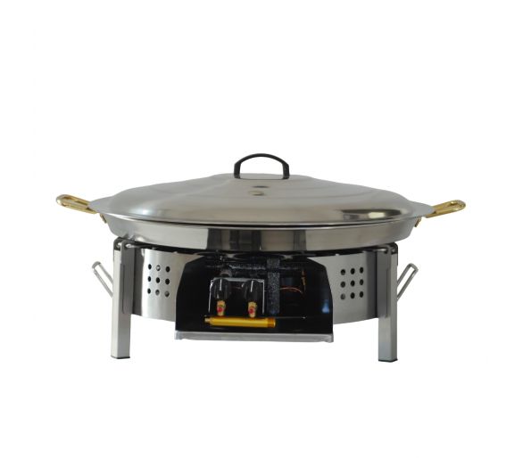 Kit paella pour plan de travail - 50 personnes - Pare-flamme inox 70cm - Plat inox 90cm - veilleuse - thermocouple