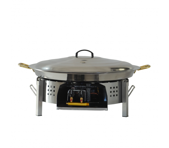 Kit paella pour plan de travail - 50 personnes - Pare-flamme inox 80cm - Plat inox 90cm - couvercle inox