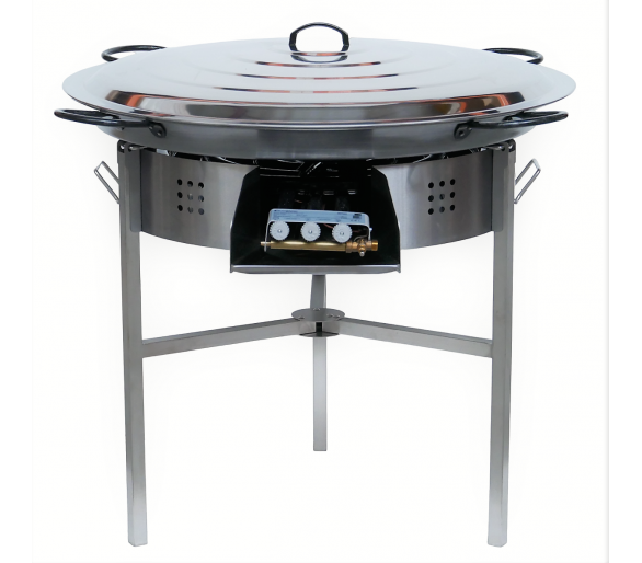 Kit à paella - 50 personnes - Pare-flamme inox - Plat acier - couvercle